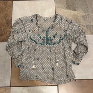 Lucky Brand Cream Tunic with Teal & Mustard Embroidery